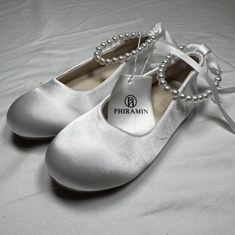 Girls White Dress Shoes Size 10 Pearl Strap Ballet Flats Wedding Shoes New